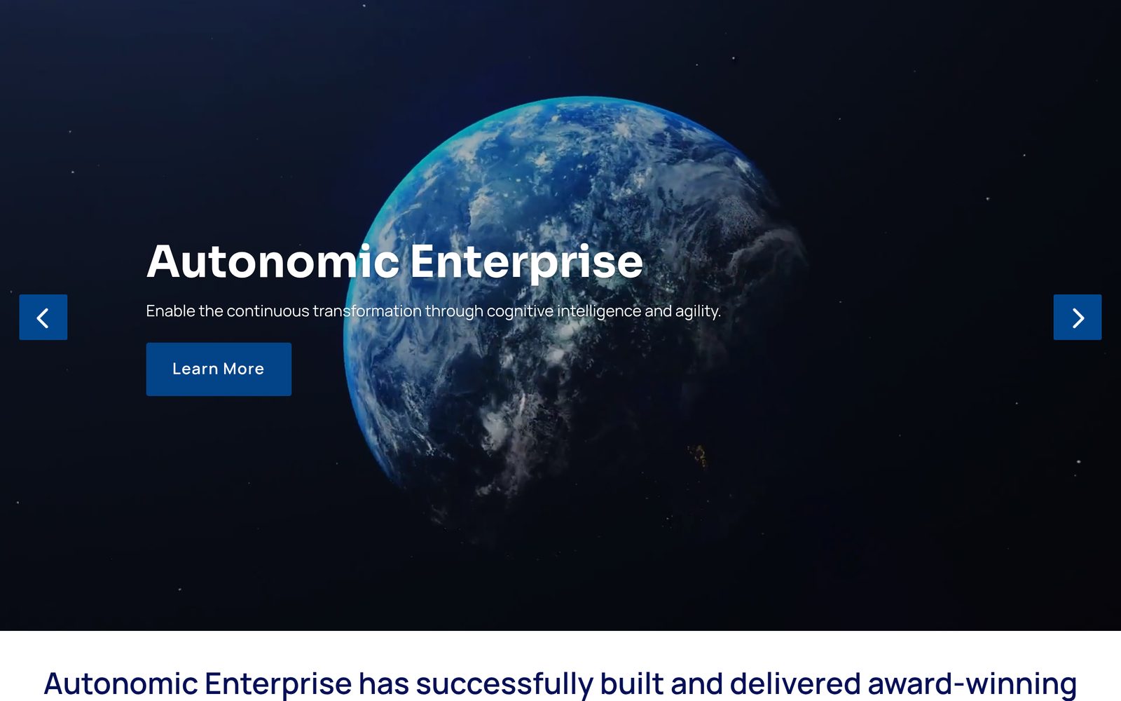 Autonomic Enterprise homepage, showing a globe graphic beside a headline about continuous transformation and cognitive intelligence.