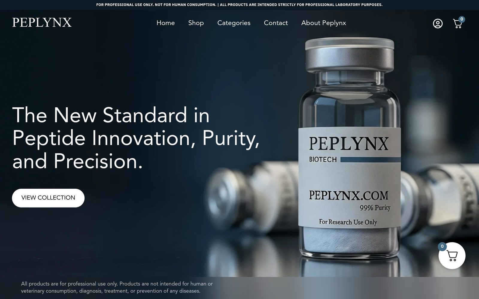 PepLynx homepage, showing a product bottle beside a headline about peptide purity and precision.