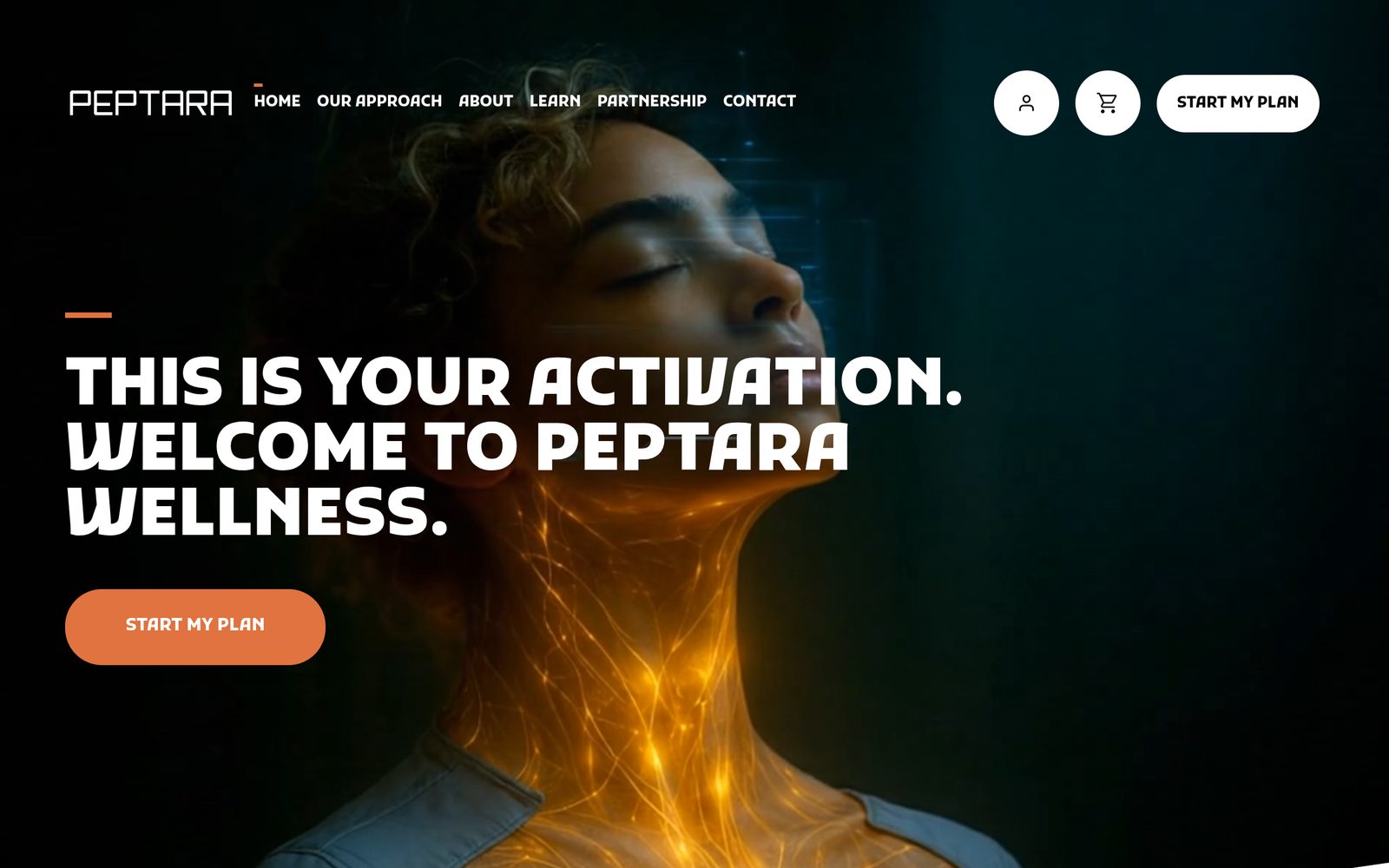 Peptara Wellness homepage, showing a bold headline over a portrait with a glowing activation effect.